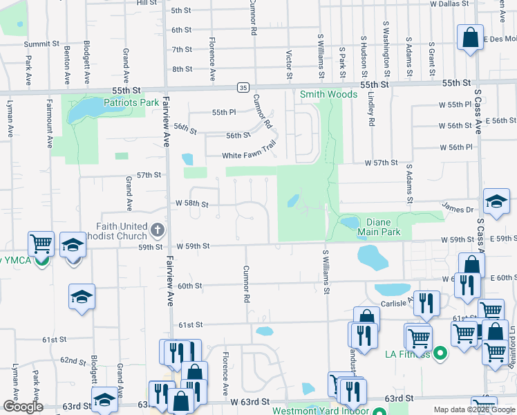 map of restaurants, bars, coffee shops, grocery stores, and more near 601 West 58th Street in Westmont
