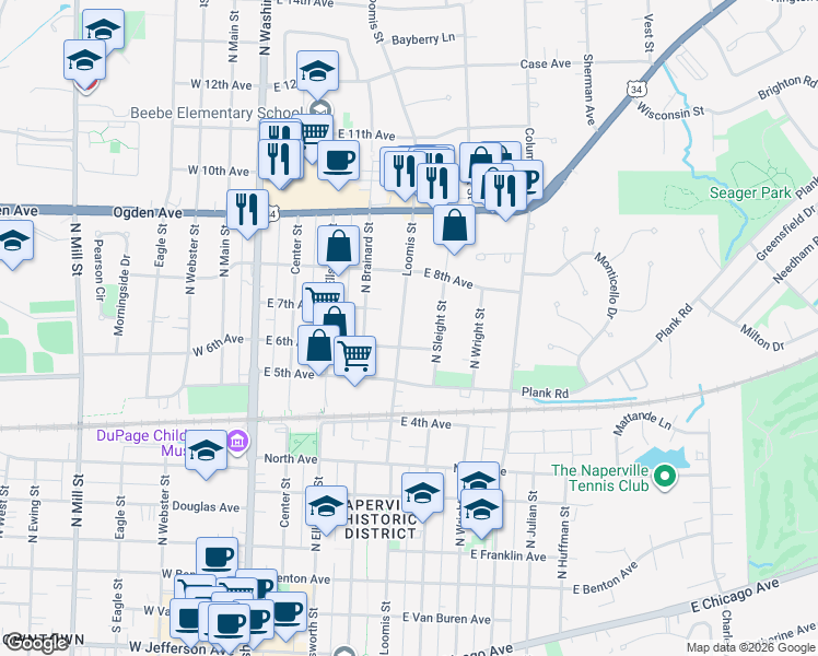 map of restaurants, bars, coffee shops, grocery stores, and more near 620 North Loomis Street in Naperville