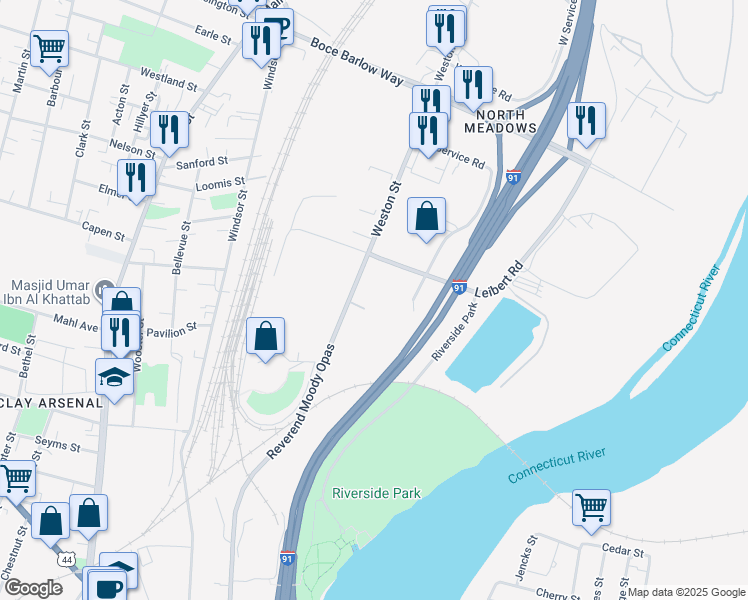 map of restaurants, bars, coffee shops, grocery stores, and more near 236 Reverend Moody Overpass in Hartford