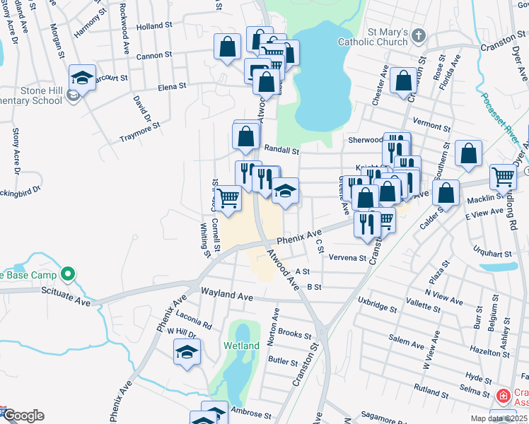 map of restaurants, bars, coffee shops, grocery stores, and more near 235 Atwood Avenue in Cranston