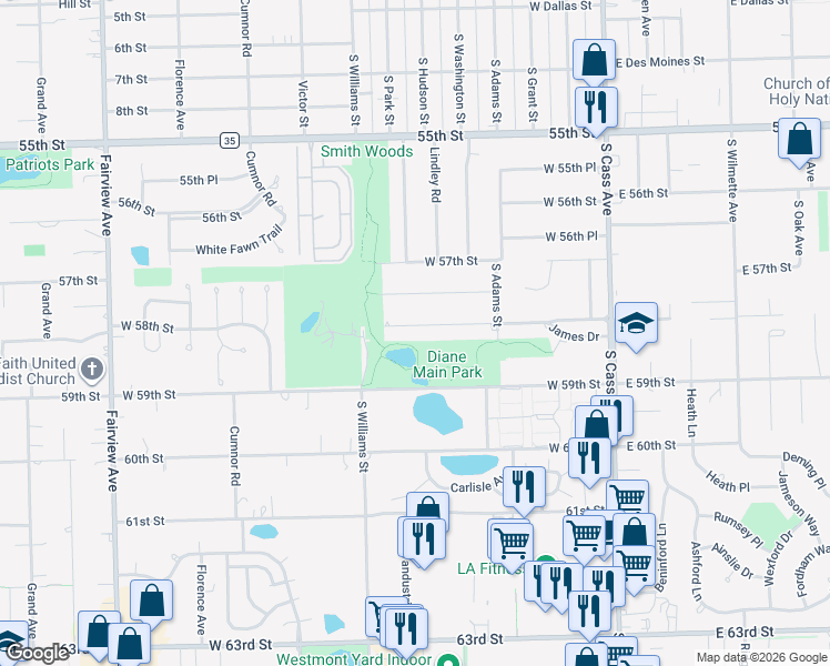 map of restaurants, bars, coffee shops, grocery stores, and more near 243 James Drive in Westmont