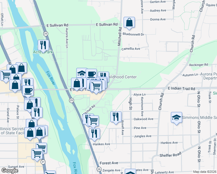 map of restaurants, bars, coffee shops, grocery stores, and more near 1220 Mitchell Road in Aurora