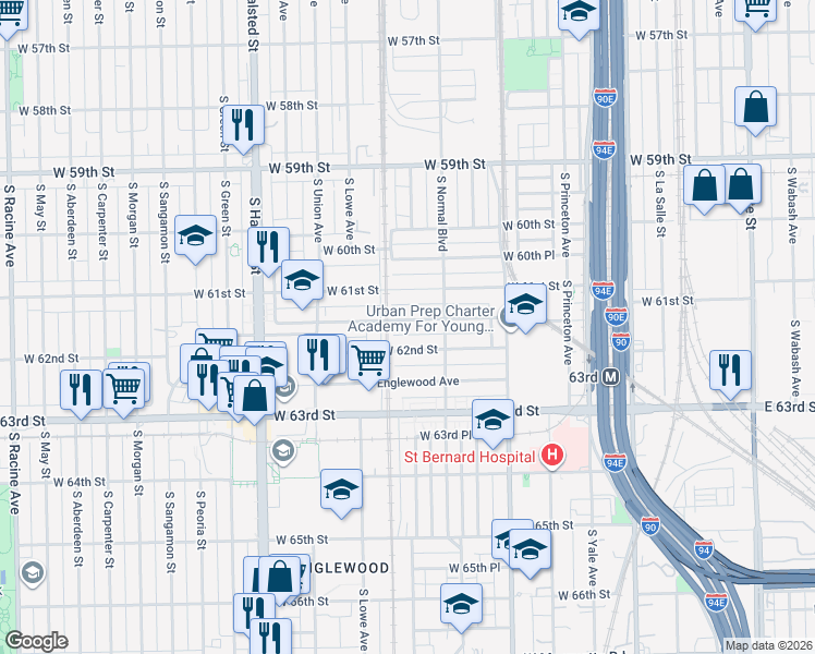 map of restaurants, bars, coffee shops, grocery stores, and more near 537 West 61st Place in Chicago