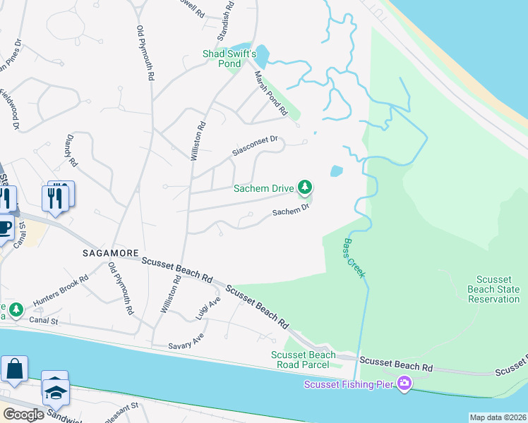 map of restaurants, bars, coffee shops, grocery stores, and more near 33 Sachem Drive in Bourne
