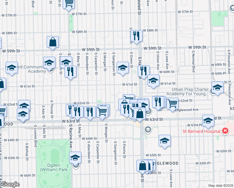 map of restaurants, bars, coffee shops, grocery stores, and more near 6131 South Sangamon Street in Chicago