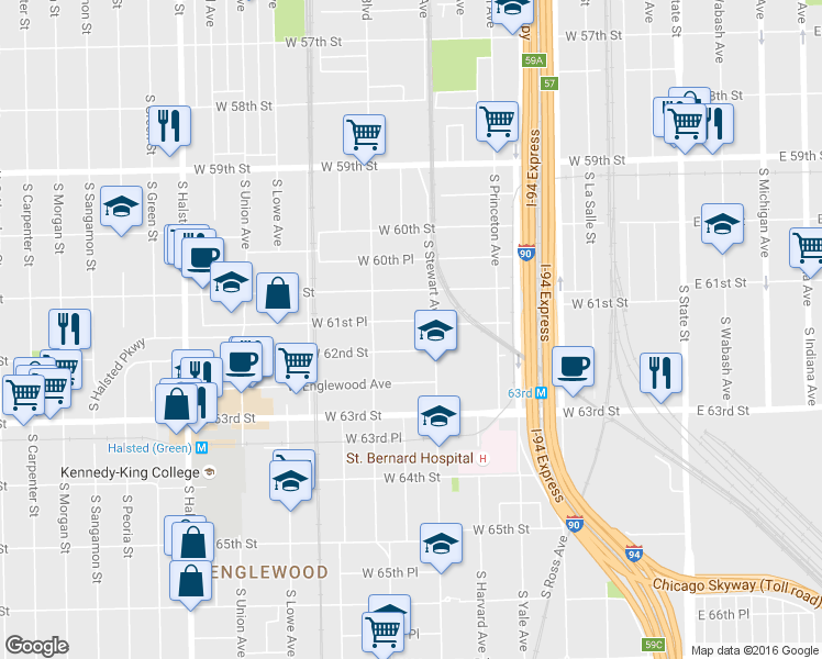 map of restaurants, bars, coffee shops, grocery stores, and more near 421 West 61st Place in Chicago