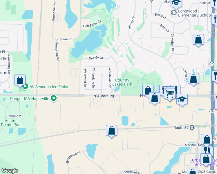 map of restaurants, bars, coffee shops, grocery stores, and more near 707 Woodewind Drive in Naperville