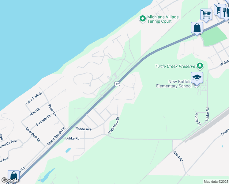 map of restaurants, bars, coffee shops, grocery stores, and more near 18690 Old Field Road in New Buffalo