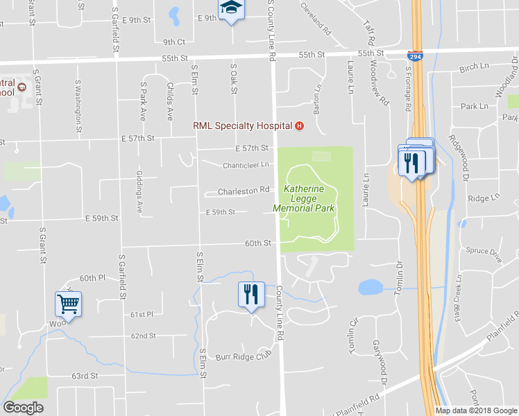 map of restaurants, bars, coffee shops, grocery stores, and more near 431 Woodland Park Court in Hinsdale