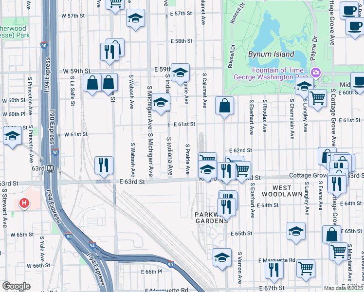 map of restaurants, bars, coffee shops, grocery stores, and more near 6146 S Prairie Ave in Chicago