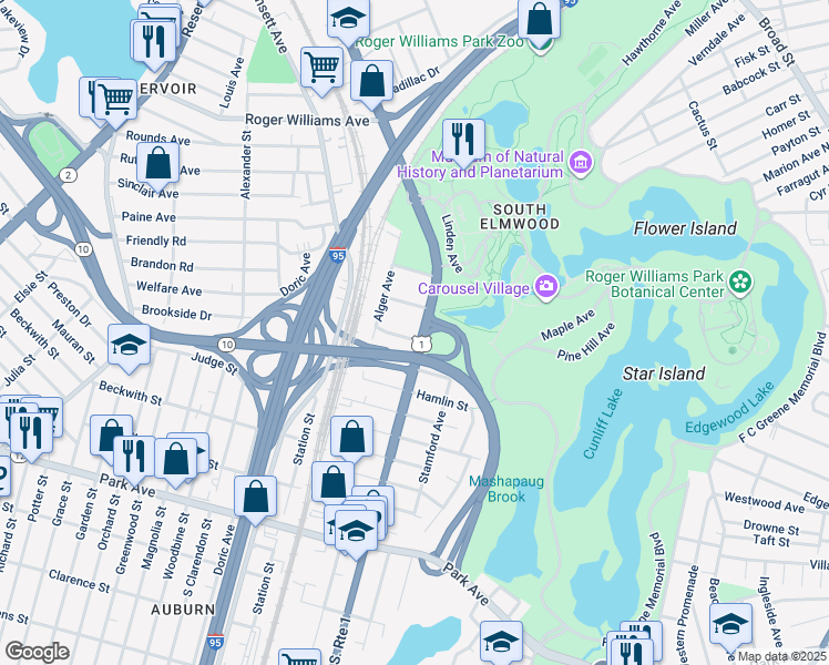 map of restaurants, bars, coffee shops, grocery stores, and more near 1081 Elmwood Avenue in Providence