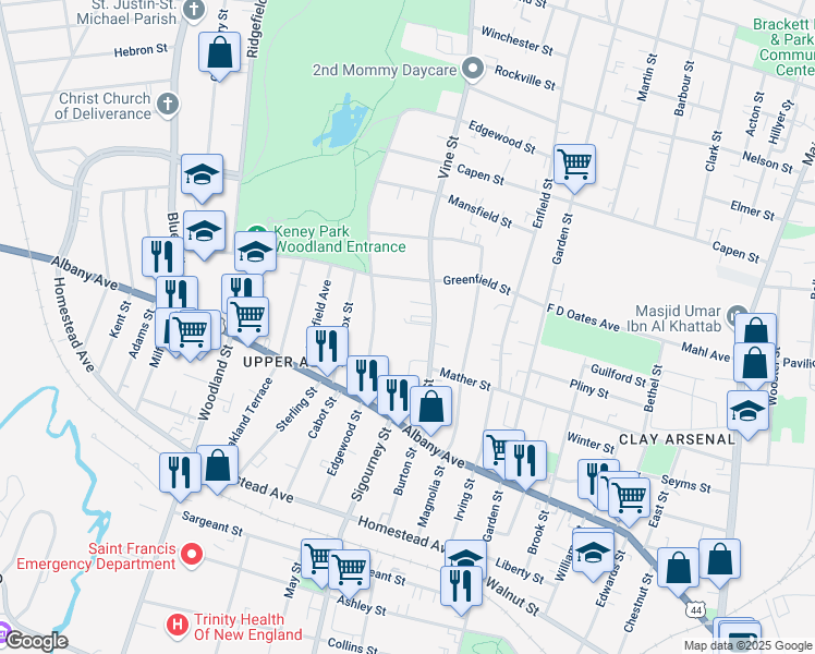 map of restaurants, bars, coffee shops, grocery stores, and more near 166 Edgewood Street in Hartford