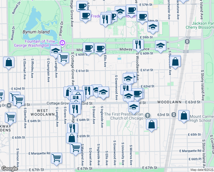 map of restaurants, bars, coffee shops, grocery stores, and more near 6156 South Ellis Avenue in Chicago