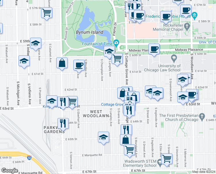map of restaurants, bars, coffee shops, grocery stores, and more near 648 East 62nd Street in Chicago