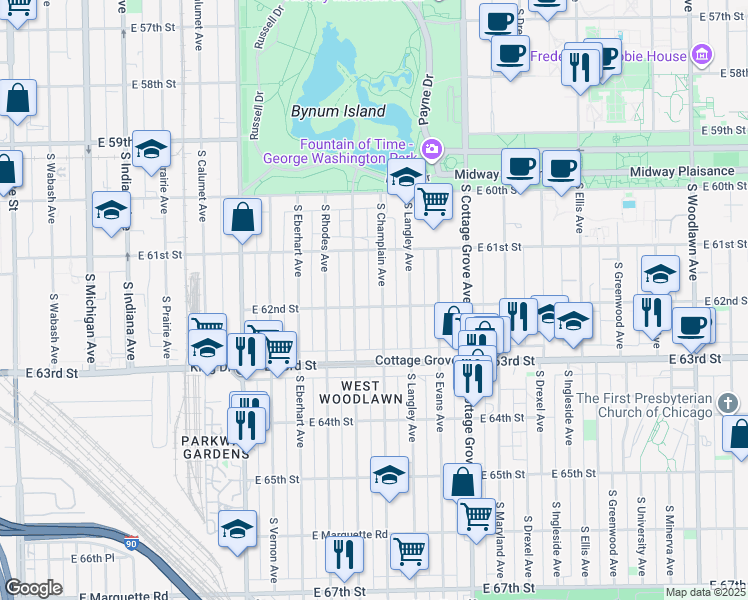 map of restaurants, bars, coffee shops, grocery stores, and more near 6155 South Saint Lawrence Avenue in Chicago