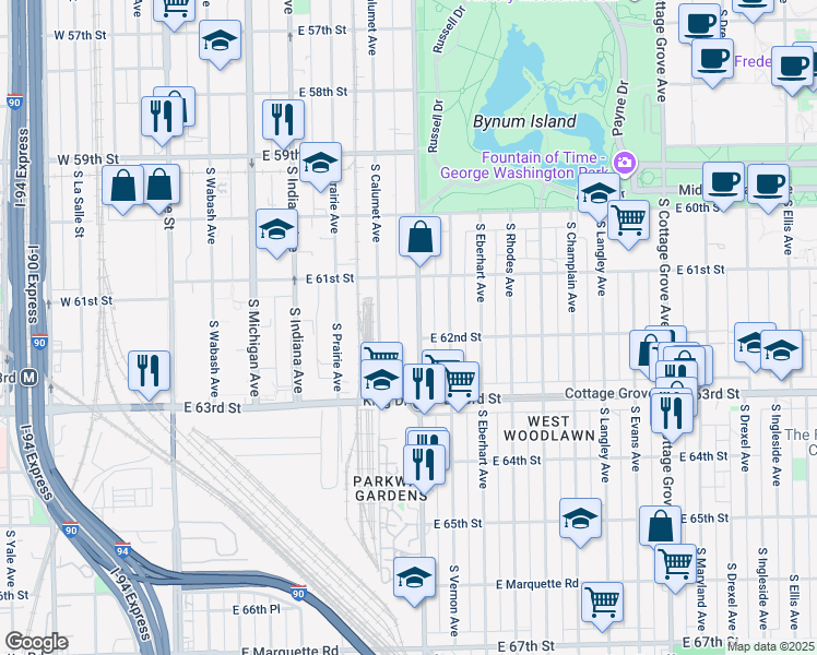 map of restaurants, bars, coffee shops, grocery stores, and more near 6251 South Calumet Avenue in Chicago