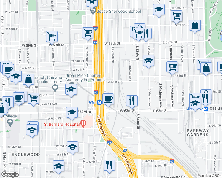 map of restaurants, bars, coffee shops, grocery stores, and more near 6116 South La Salle Street in Chicago