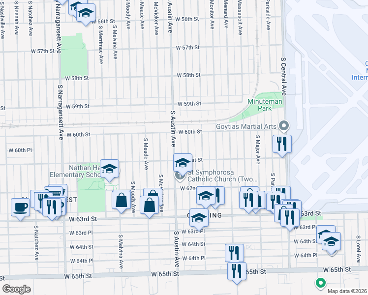 map of restaurants, bars, coffee shops, grocery stores, and more near 6028 South Mason Avenue in Chicago