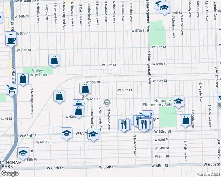 map of restaurants, bars, coffee shops, grocery stores, and more near 6017 South Natoma Avenue in Chicago