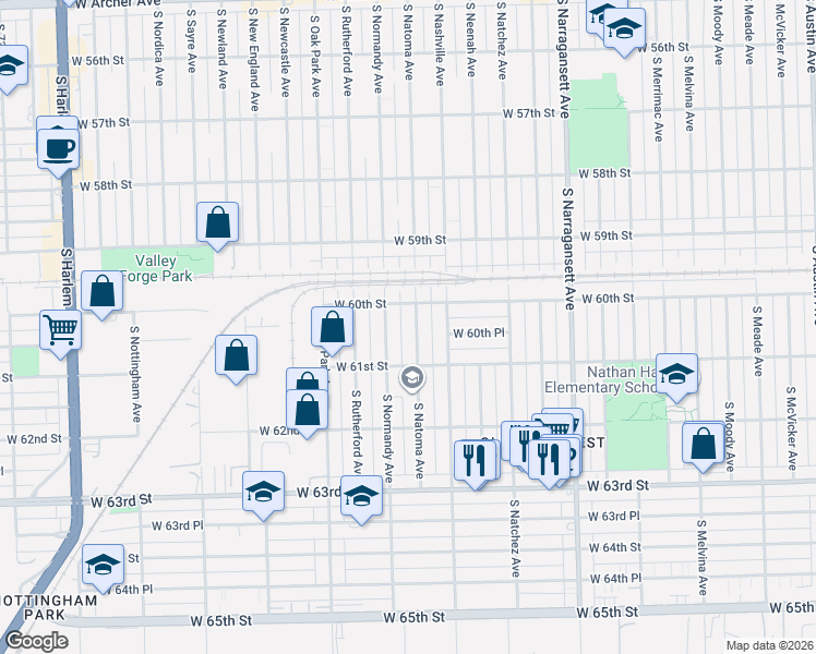 map of restaurants, bars, coffee shops, grocery stores, and more near 6017 South Natoma Avenue in Chicago