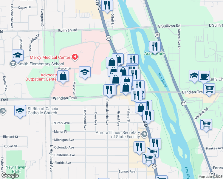map of restaurants, bars, coffee shops, grocery stores, and more near 1238 North Lake Street in Aurora