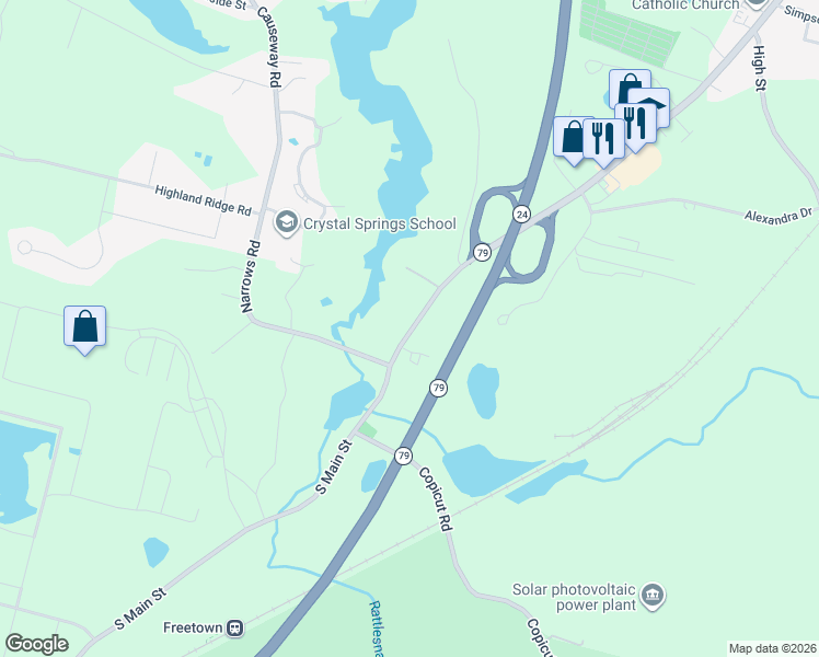 map of restaurants, bars, coffee shops, grocery stores, and more near 90 South Main Street in Freetown