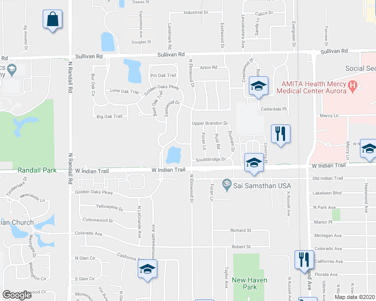 map of restaurants, bars, coffee shops, grocery stores, and more near 1260 North Elmwood Drive in Aurora