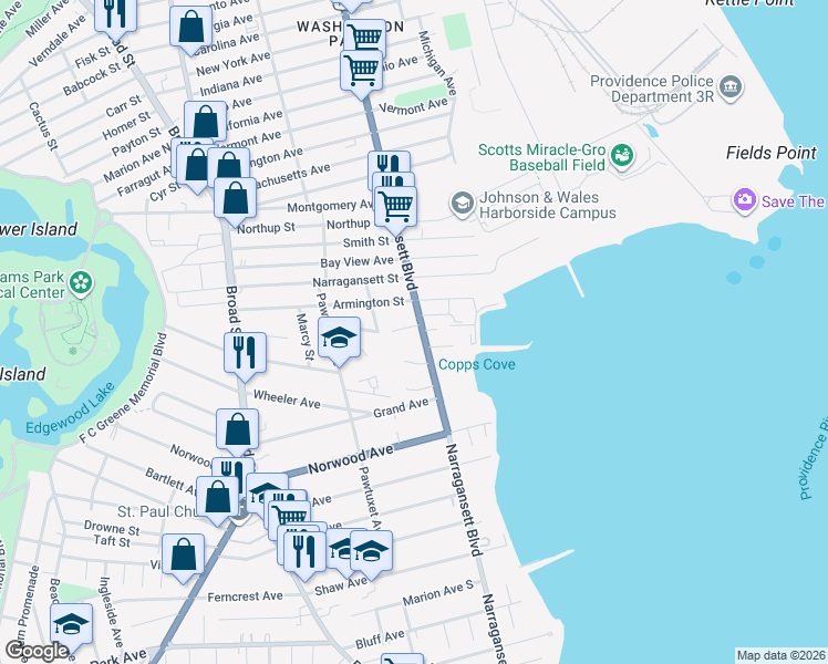 map of restaurants, bars, coffee shops, grocery stores, and more near 1141 Narragansett Boulevard in Cranston