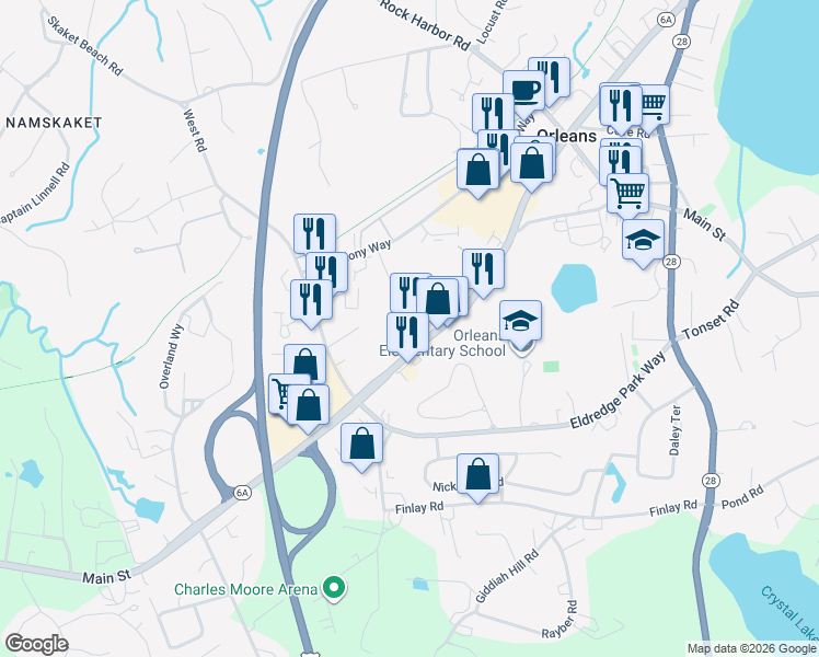 map of restaurants, bars, coffee shops, grocery stores, and more near 180 Massachusetts 6A in Orleans