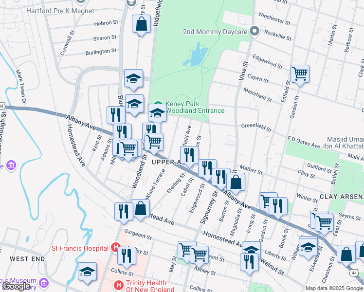 map of restaurants, bars, coffee shops, grocery stores, and more near 31 Deerfield Avenue in Hartford