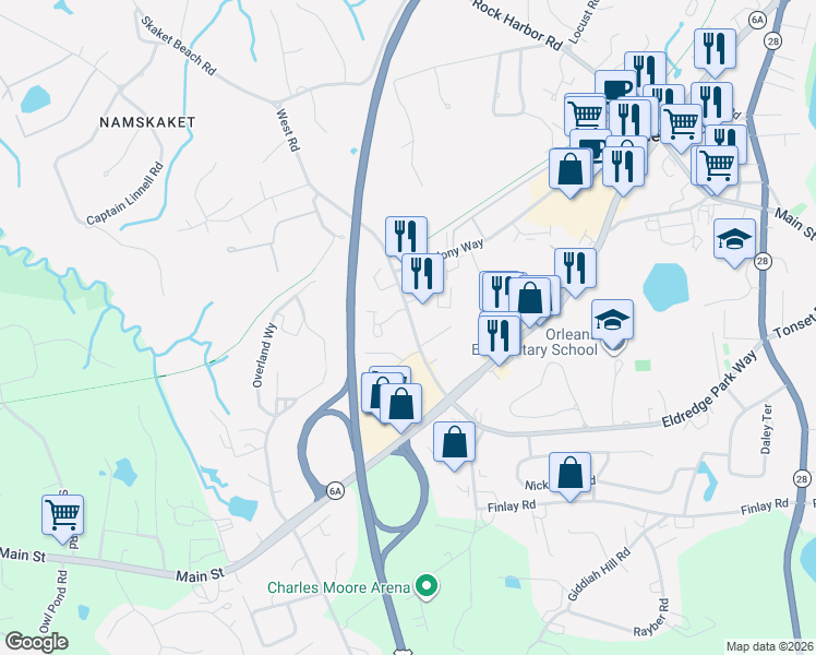 map of restaurants, bars, coffee shops, grocery stores, and more near 29 West Road in Orleans