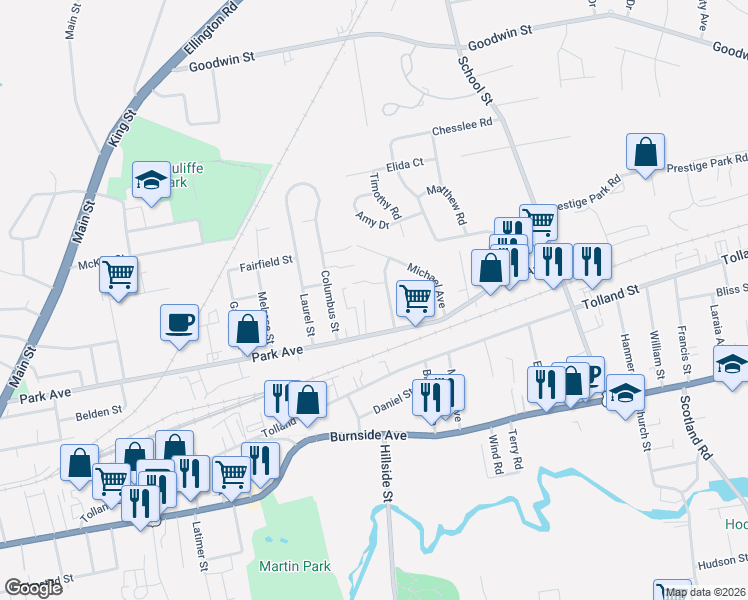 map of restaurants, bars, coffee shops, grocery stores, and more near 29 Deerfield Court in East Hartford