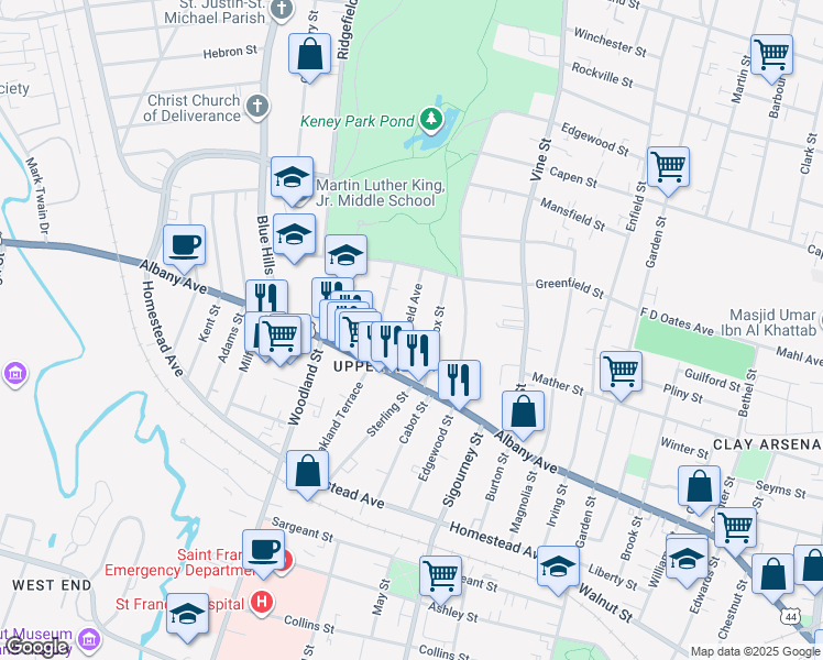 map of restaurants, bars, coffee shops, grocery stores, and more near 34 Deerfield Avenue in Hartford