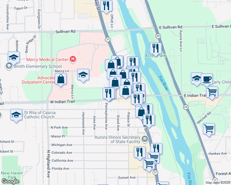 map of restaurants, bars, coffee shops, grocery stores, and more near 1238 North Lake Street in Aurora