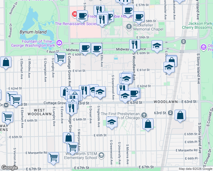 map of restaurants, bars, coffee shops, grocery stores, and more near 1016 East 62nd Street in Chicago