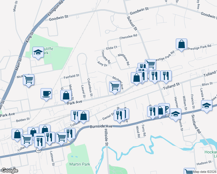 map of restaurants, bars, coffee shops, grocery stores, and more near 48 Deerfield Avenue in East Hartford