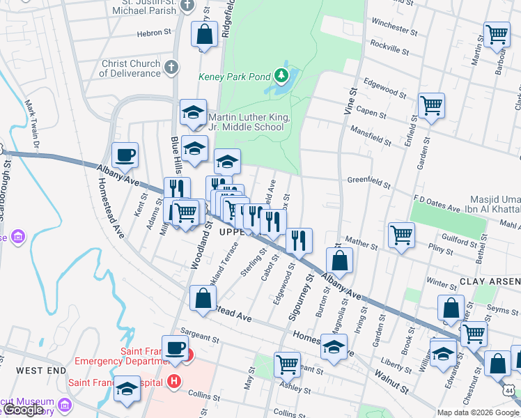 map of restaurants, bars, coffee shops, grocery stores, and more near 31 Deerfield Avenue in Hartford