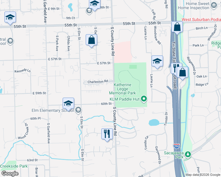 map of restaurants, bars, coffee shops, grocery stores, and more near 431 Woodland Park Court in Hinsdale