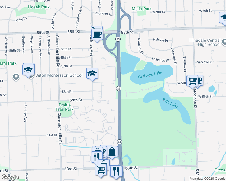 map of restaurants, bars, coffee shops, grocery stores, and more near 16W470 59th Street in Clarendon Hills