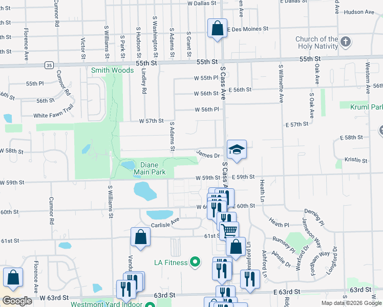 map of restaurants, bars, coffee shops, grocery stores, and more near 45 James Drive in Westmont