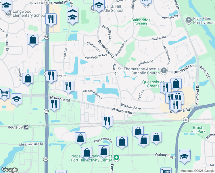 map of restaurants, bars, coffee shops, grocery stores, and more near 1720 Ontario Avenue in Naperville