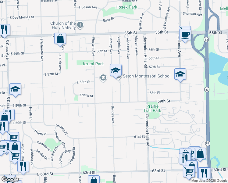 map of restaurants, bars, coffee shops, grocery stores, and more near 5821 Bentley Avenue in Clarendon Hills