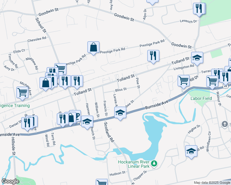map of restaurants, bars, coffee shops, grocery stores, and more near 56 Laraia Avenue in East Hartford