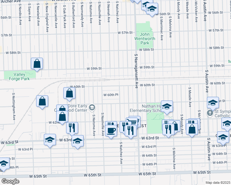 map of restaurants, bars, coffee shops, grocery stores, and more near 6512 West 60th Place in Chicago