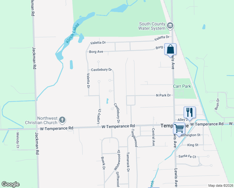 map of restaurants, bars, coffee shops, grocery stores, and more near 9238 Castlebury Drive in Temperance