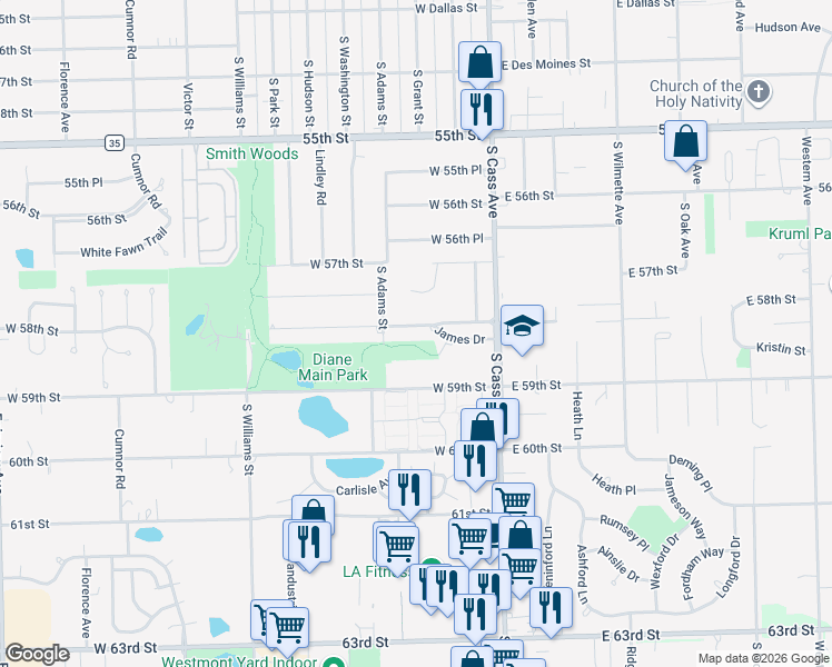 map of restaurants, bars, coffee shops, grocery stores, and more near 45 James Drive in Westmont