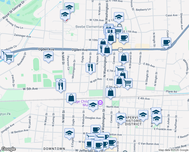 map of restaurants, bars, coffee shops, grocery stores, and more near 619 North Main Street in Naperville