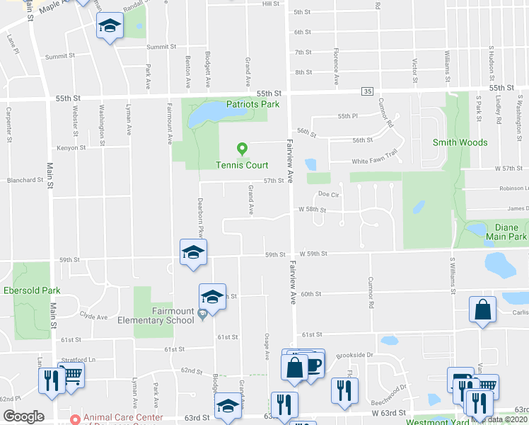 map of restaurants, bars, coffee shops, grocery stores, and more near 430 Bunning Drive in Downers Grove