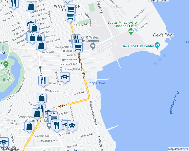 map of restaurants, bars, coffee shops, grocery stores, and more near 1128 Narragansett Boulevard in Cranston