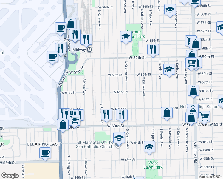 map of restaurants, bars, coffee shops, grocery stores, and more near 6053 South Kilbourn Avenue in Chicago